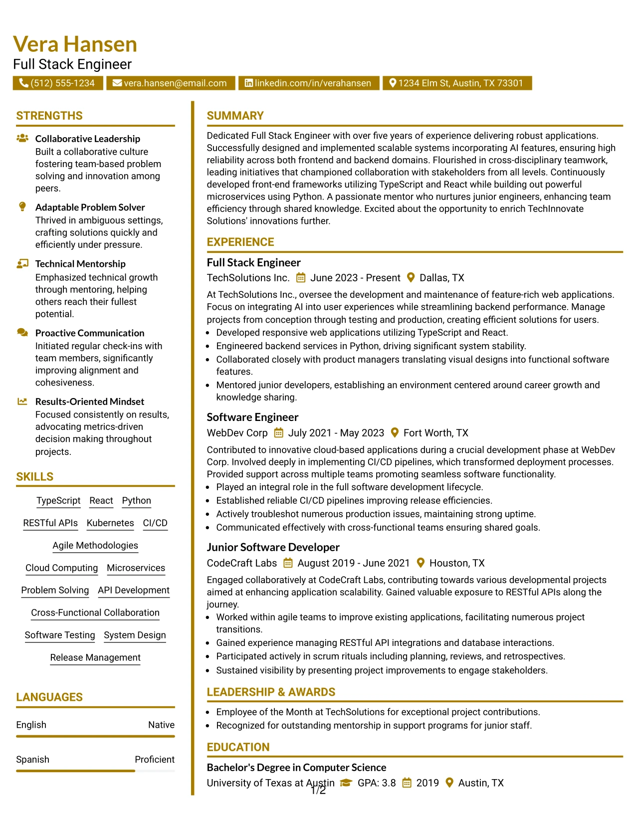 Resume Example Page 1