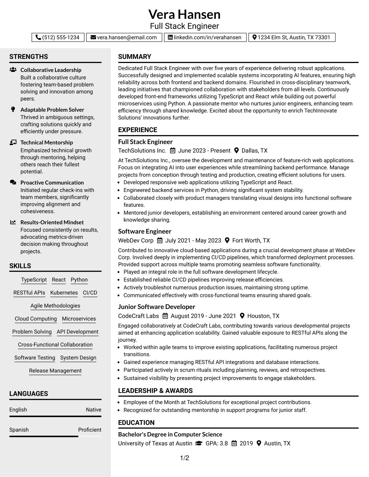 Resume Example Page 1
