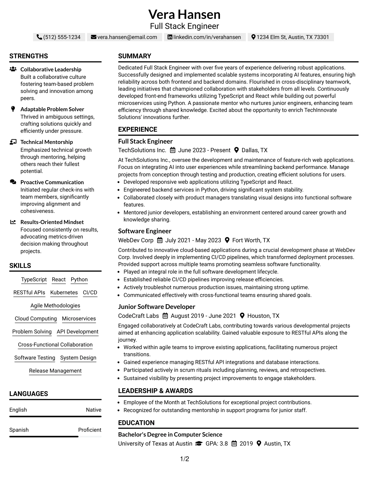Resume Example Page 1
