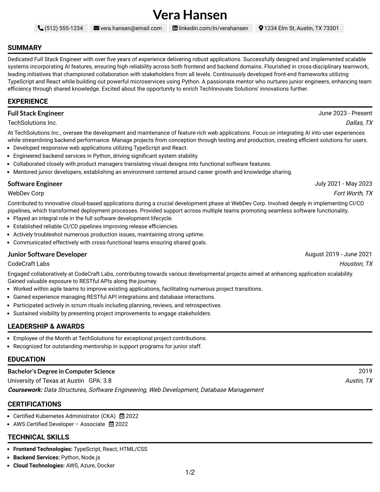 Resume Example Page 1