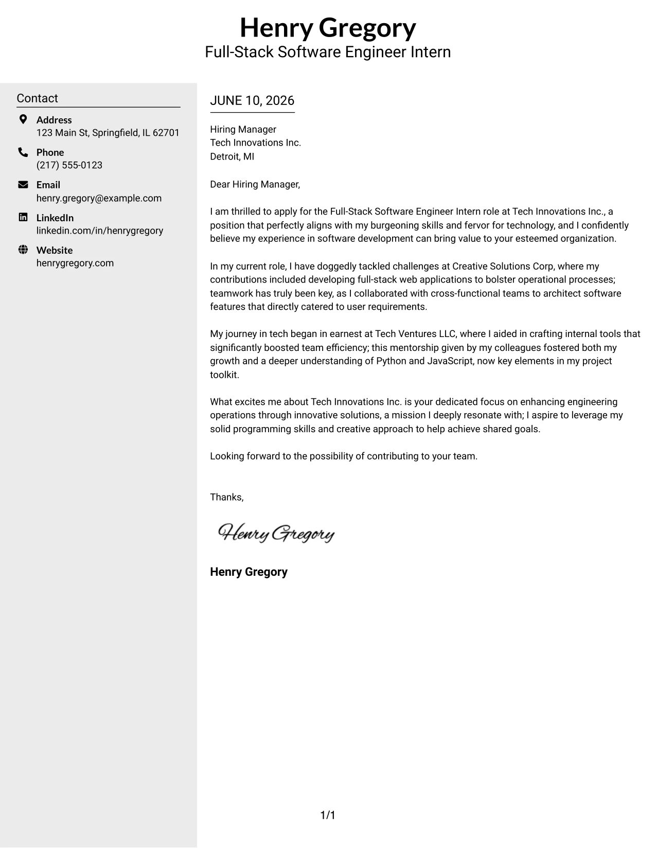 Resume Example Page 1