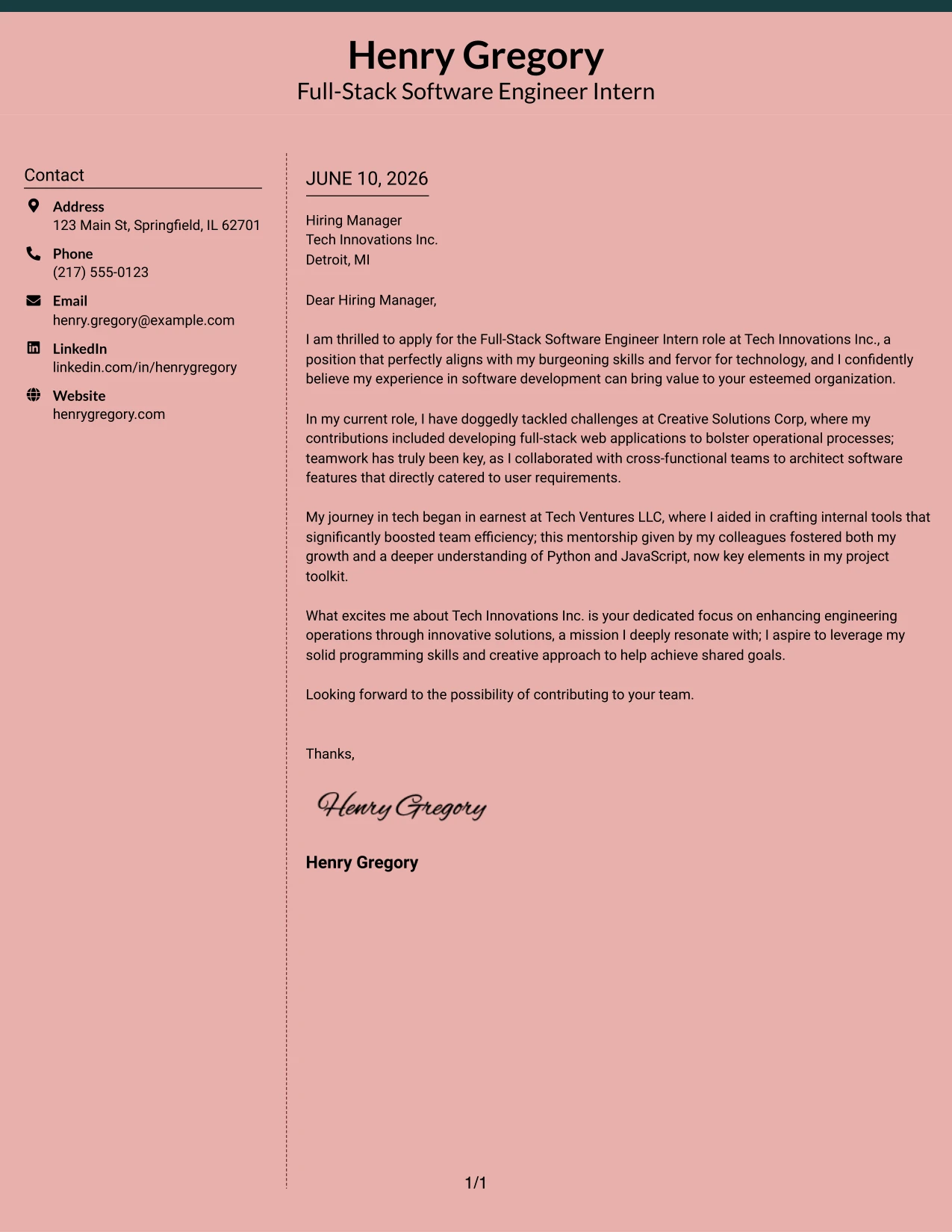 Resume Example Page 1