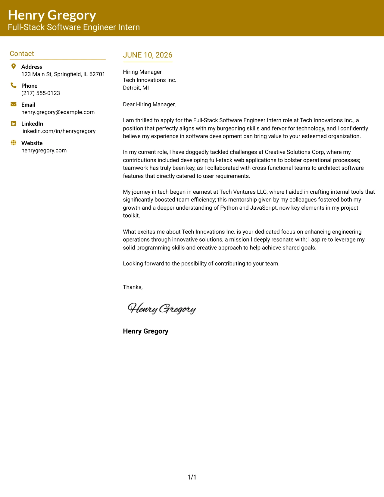 Resume Example Page 1
