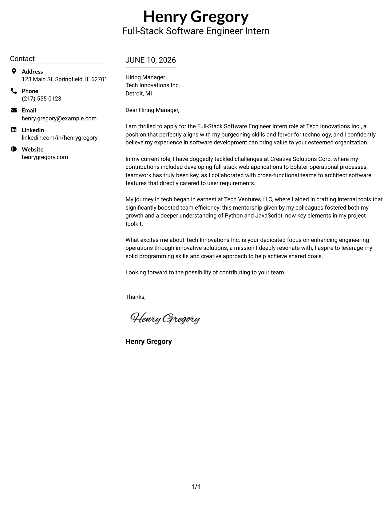 Resume Example Page 1
