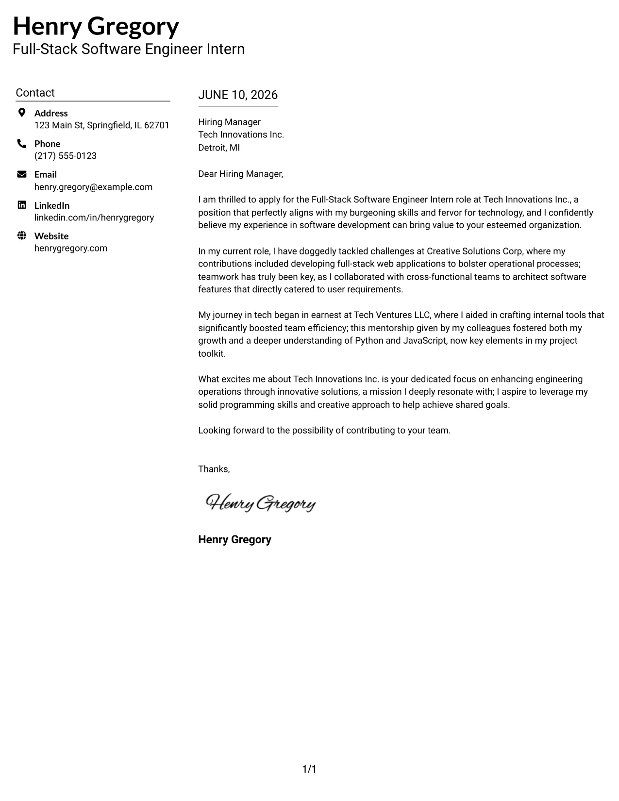 Resume Example Page 1