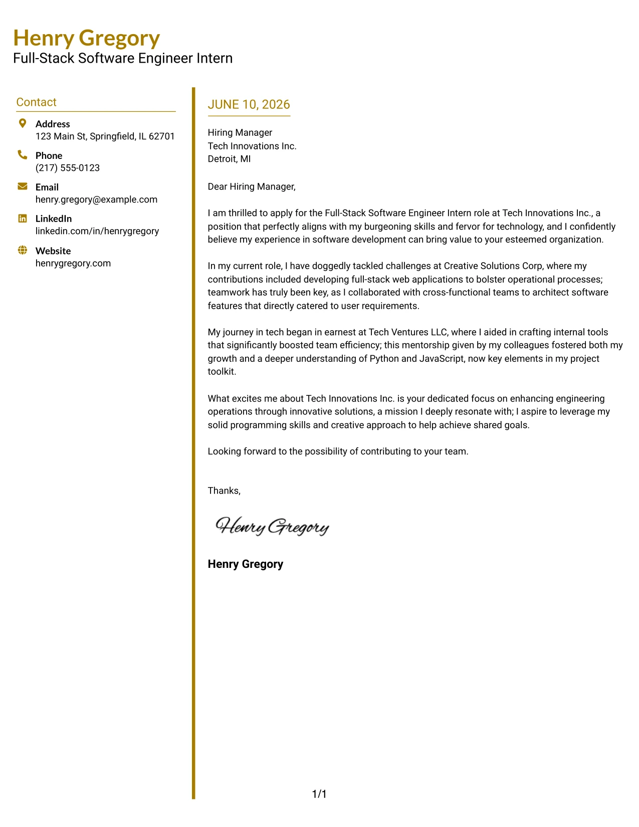 Resume Example Page 1
