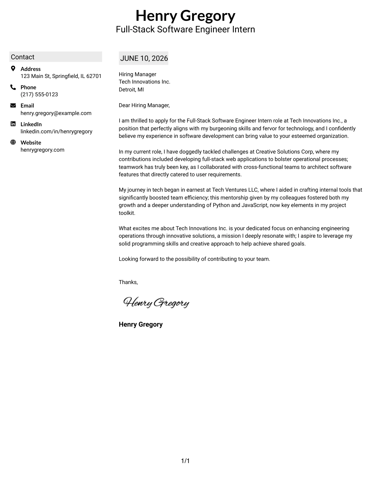 Resume Example Page 1