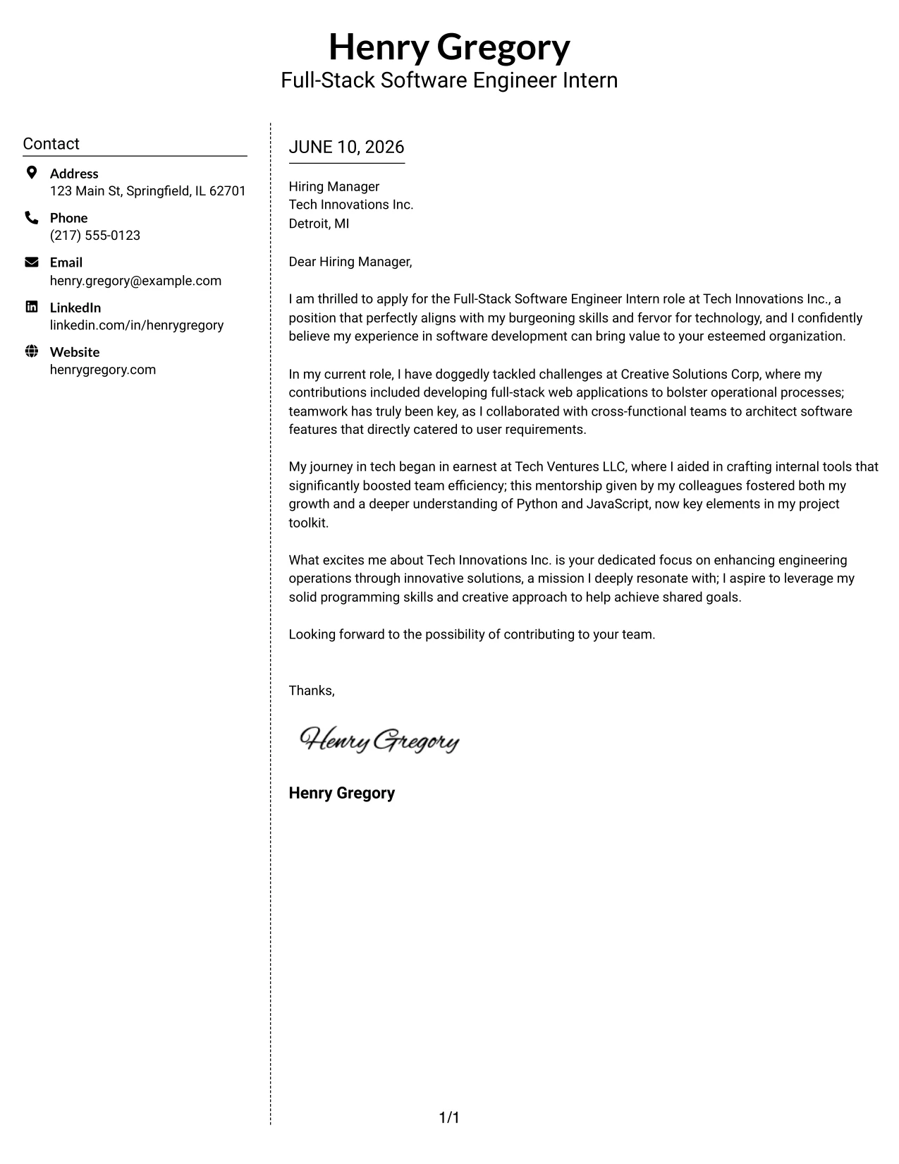 Resume Example Page 1