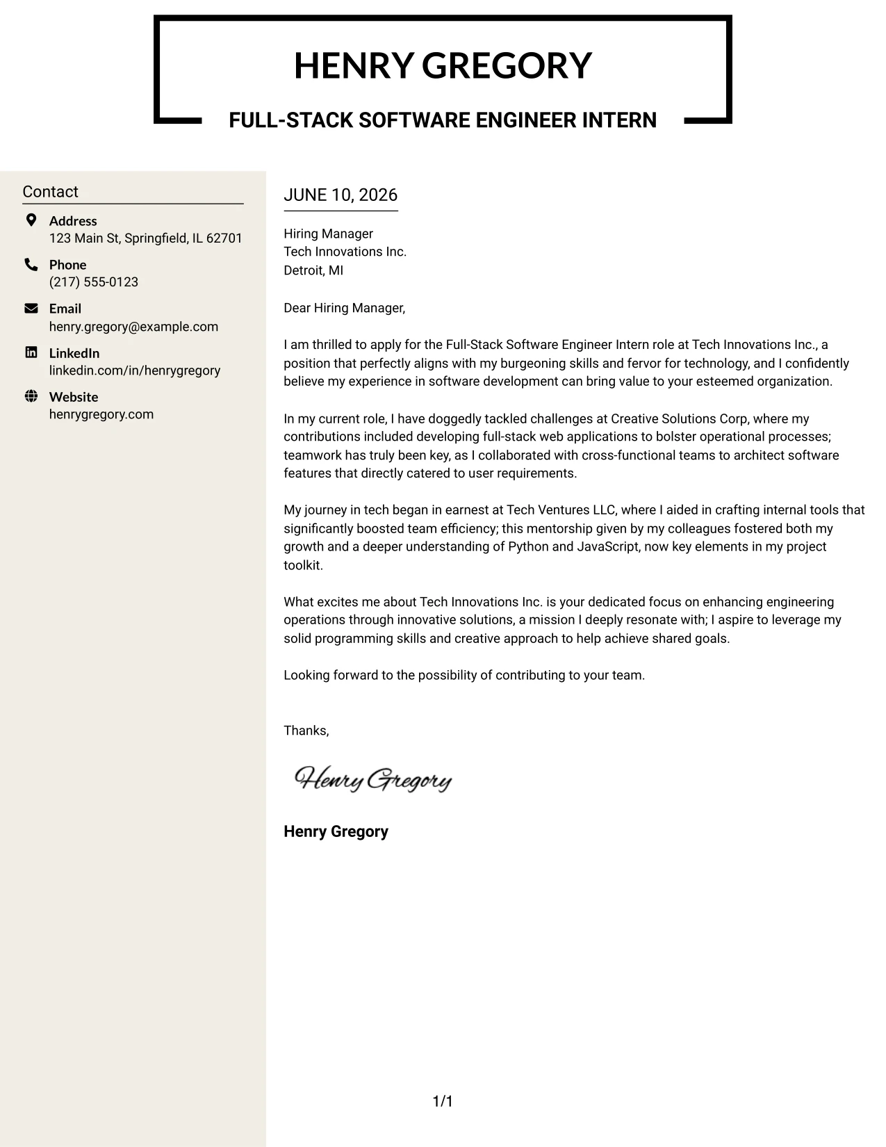 Resume Example Page 1