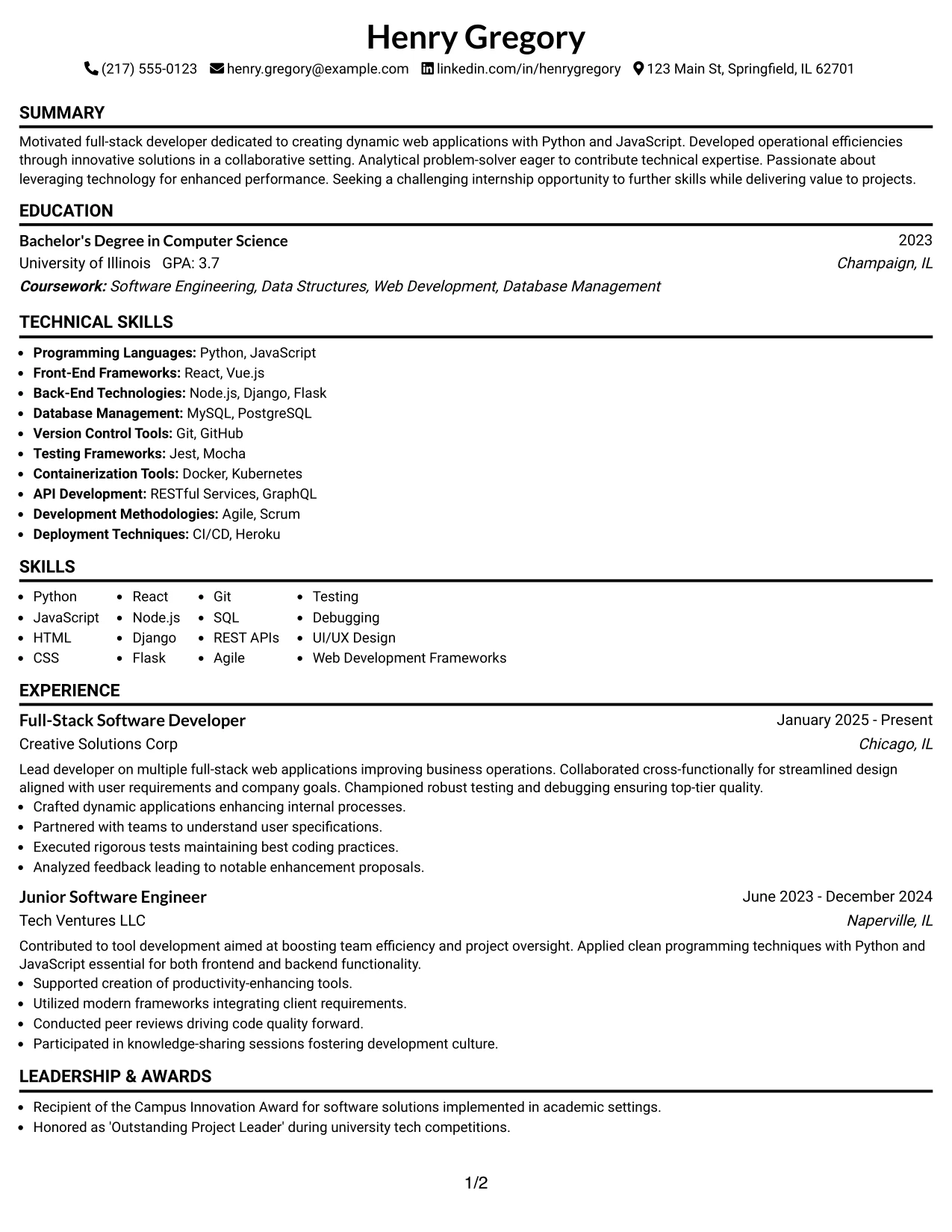 Resume Example Page 1