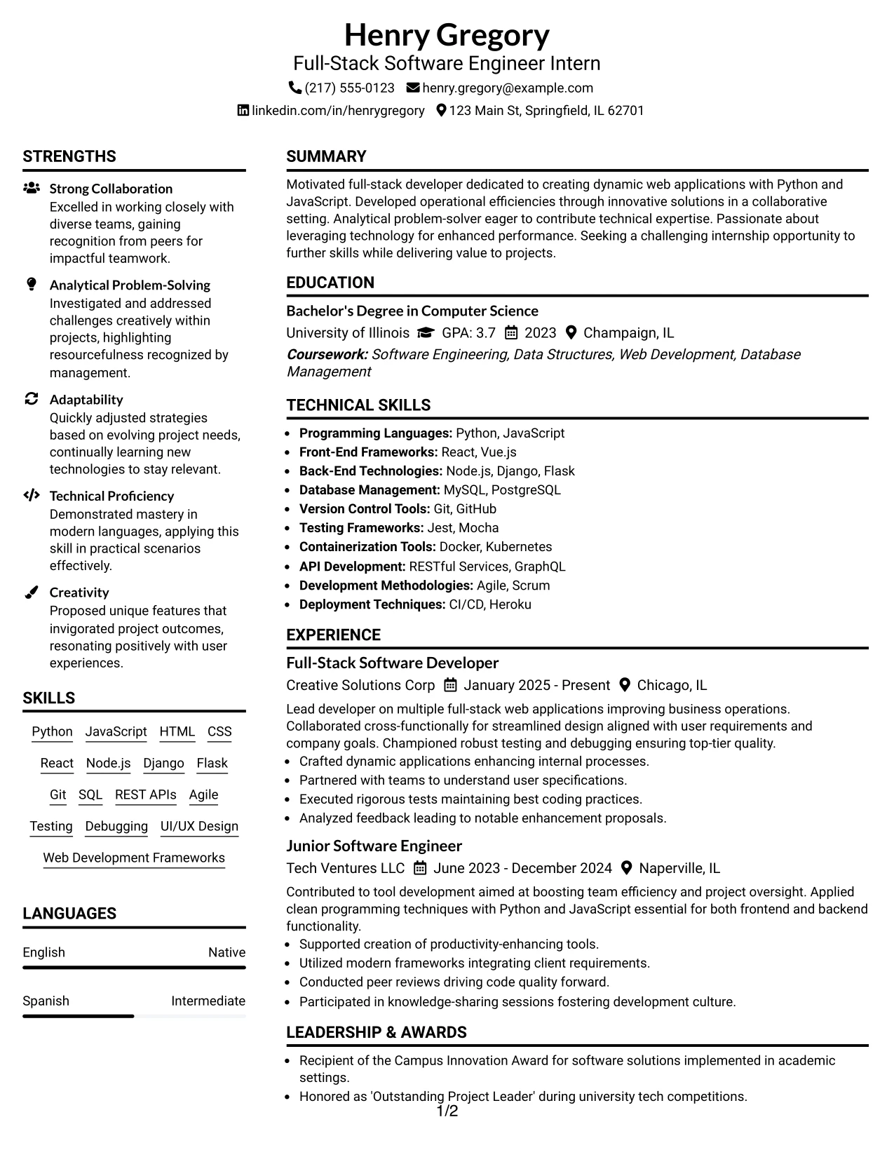 Resume Example Page 1
