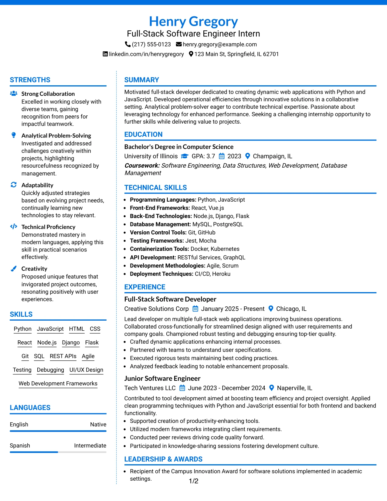 Resume Example Page 1