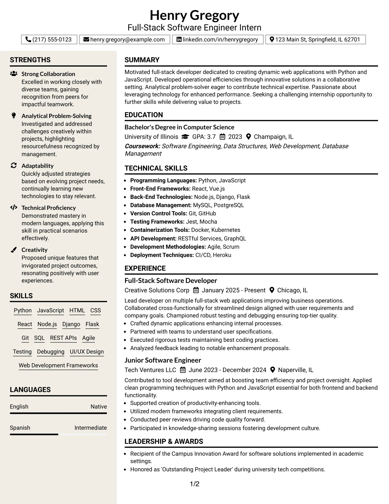 Resume Example Page 1