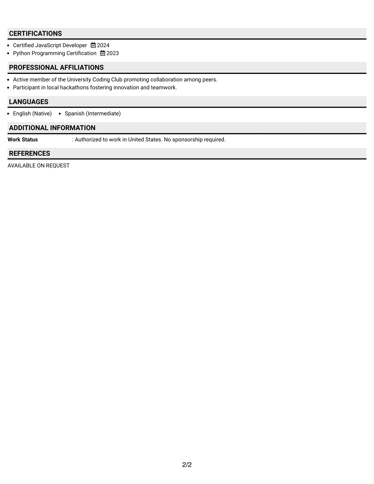 Resume Example Page 2
