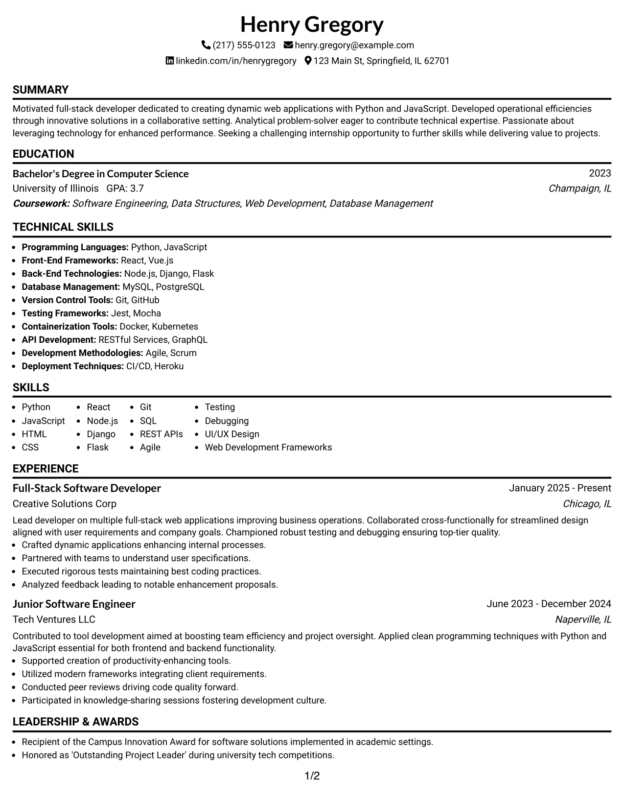 Resume Example Page 1