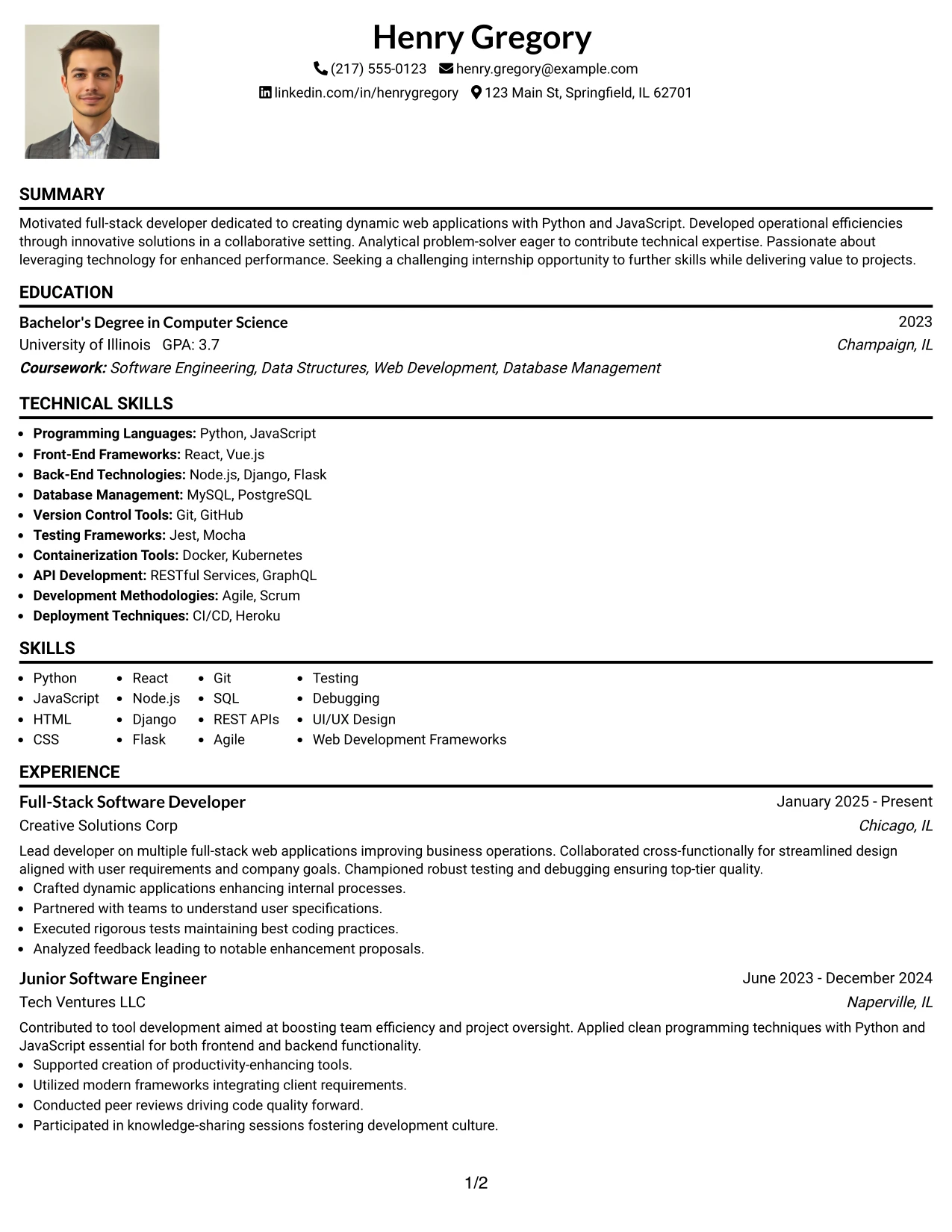 Resume Example Page 1