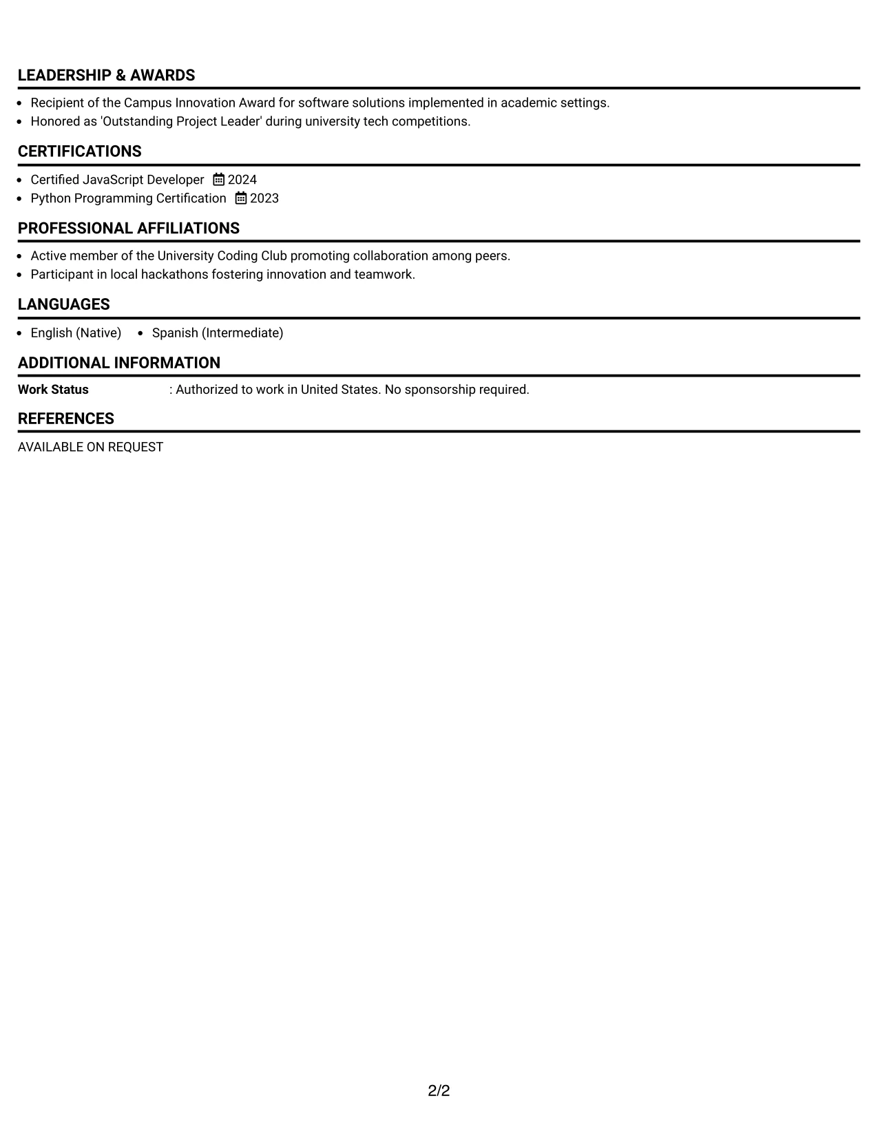 Resume Example Page 2
