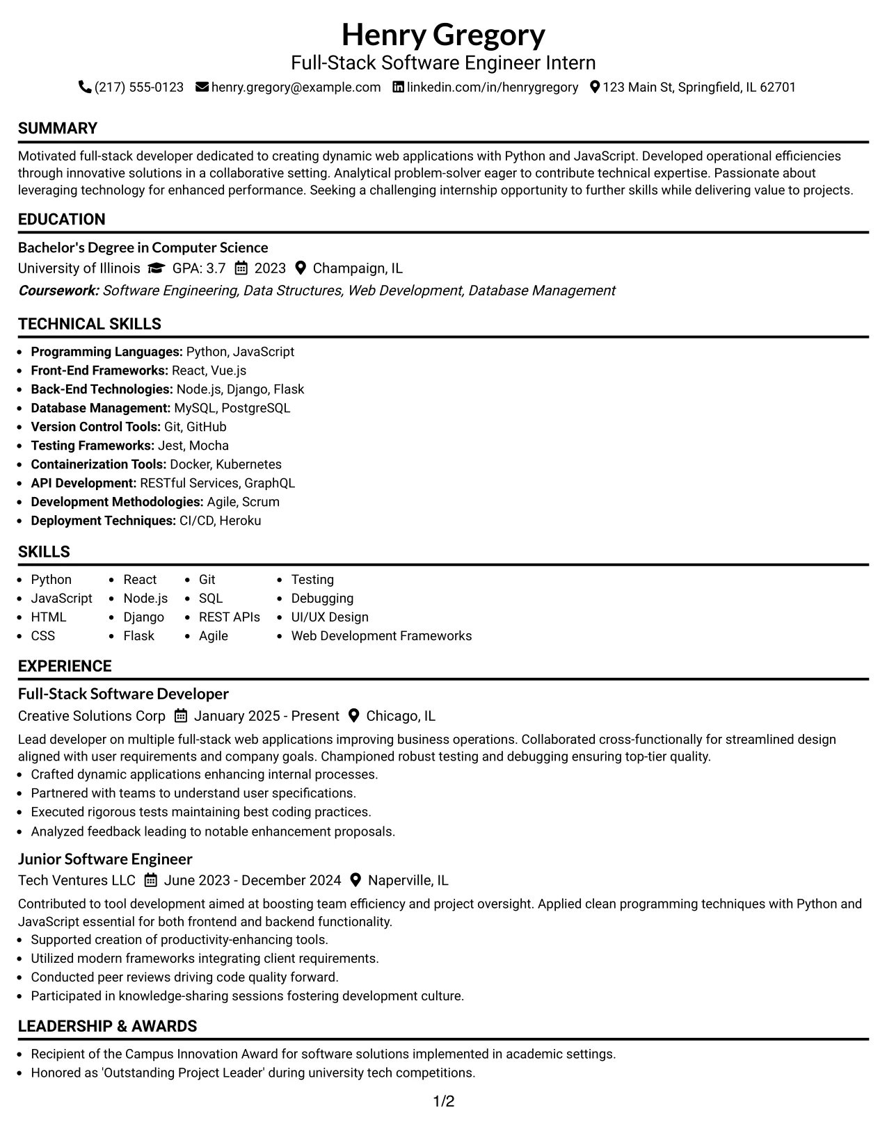 Resume Example Page 1