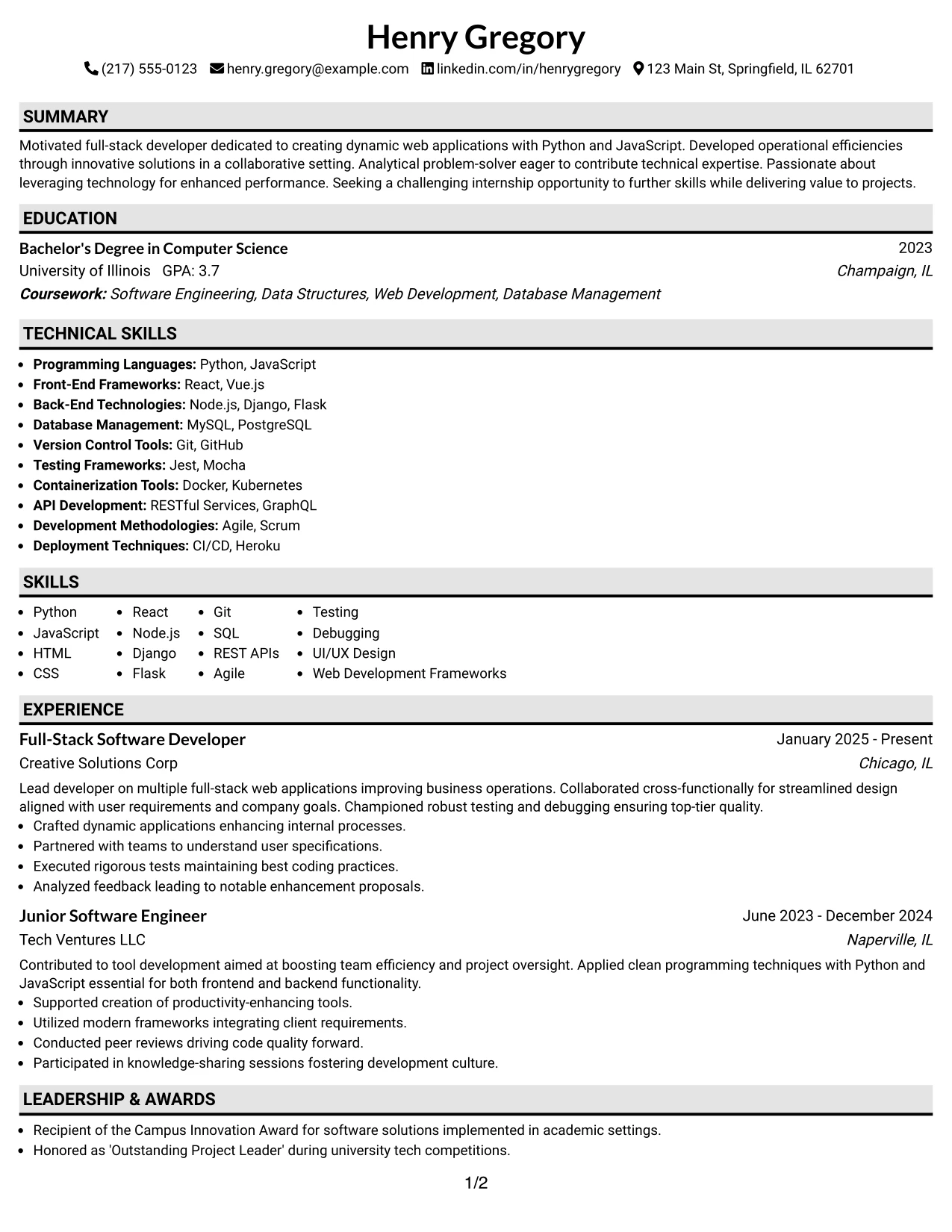 Resume Example Page 1