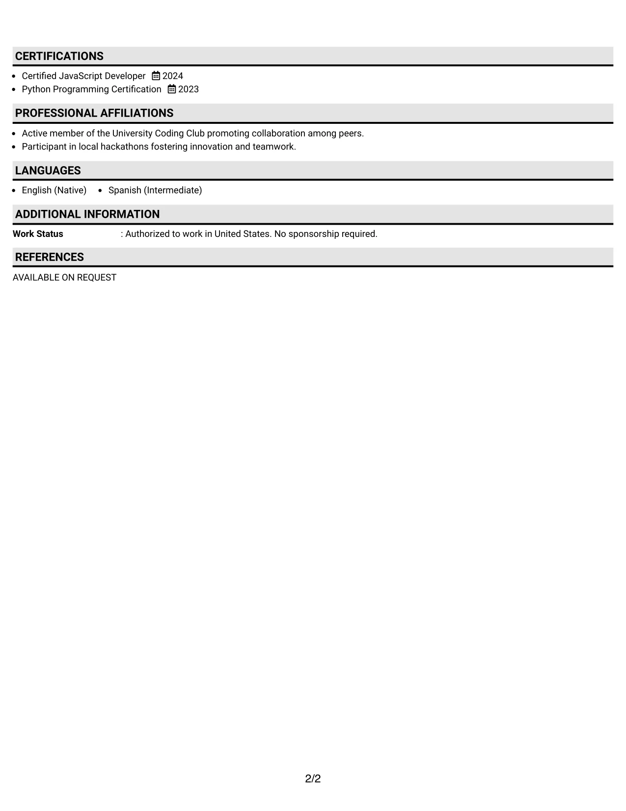 Resume Example Page 2