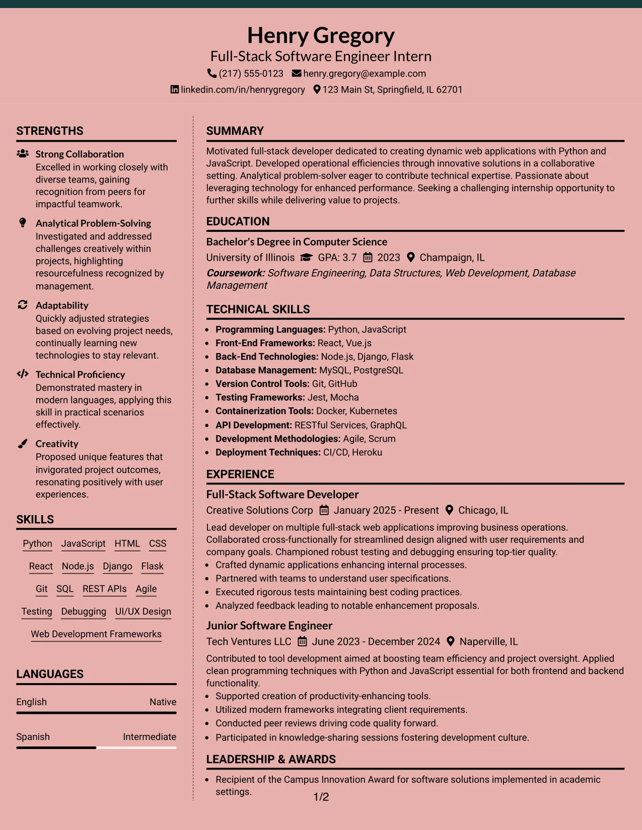 Resume Example Page 1