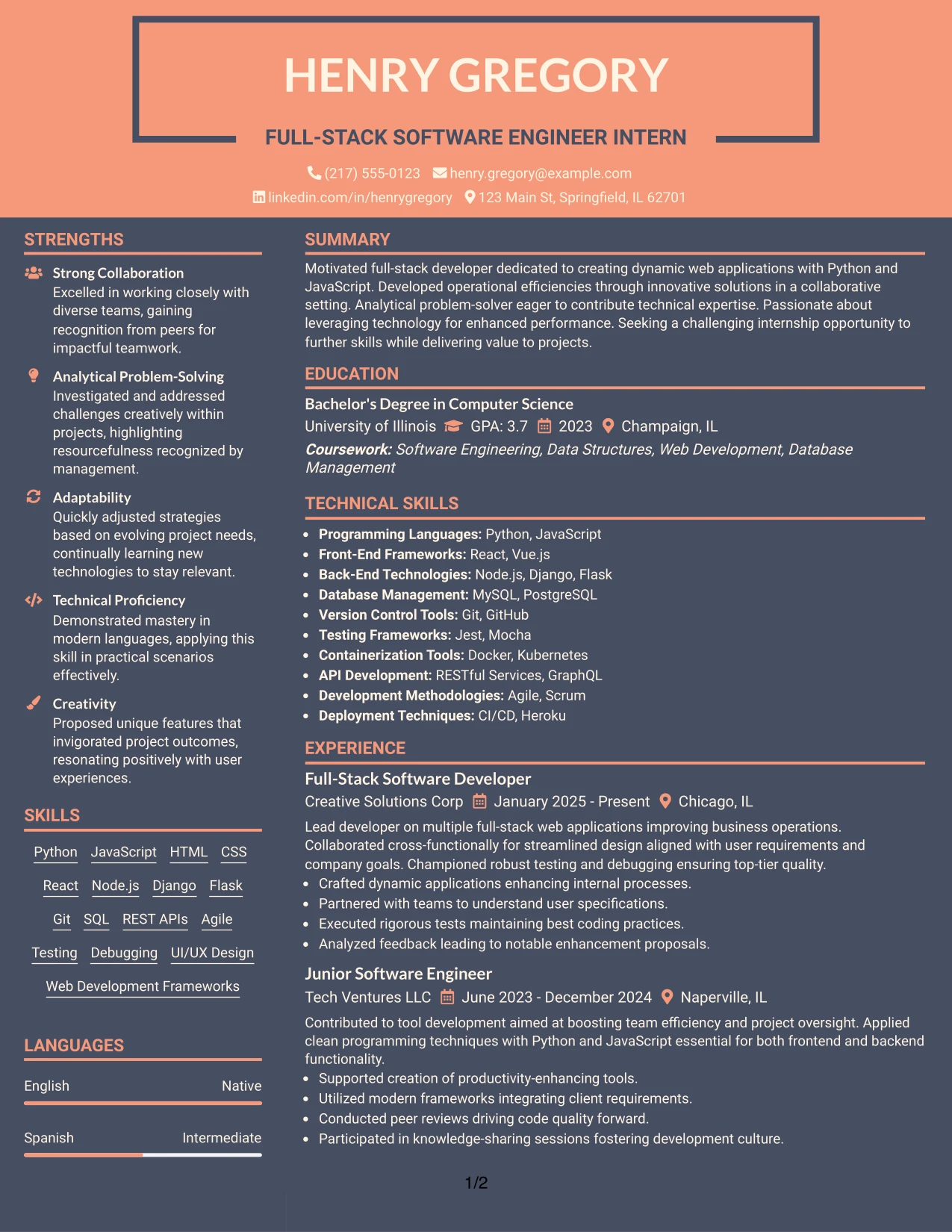 Resume Example Page 1