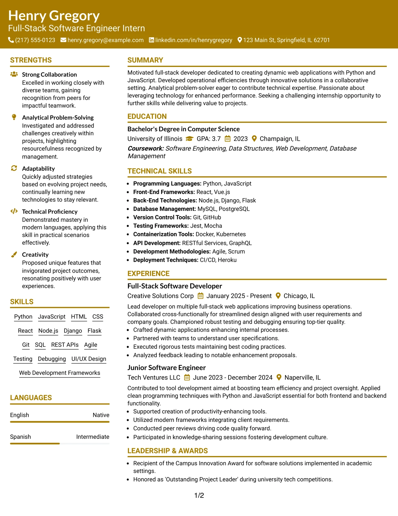 Resume Example Page 1
