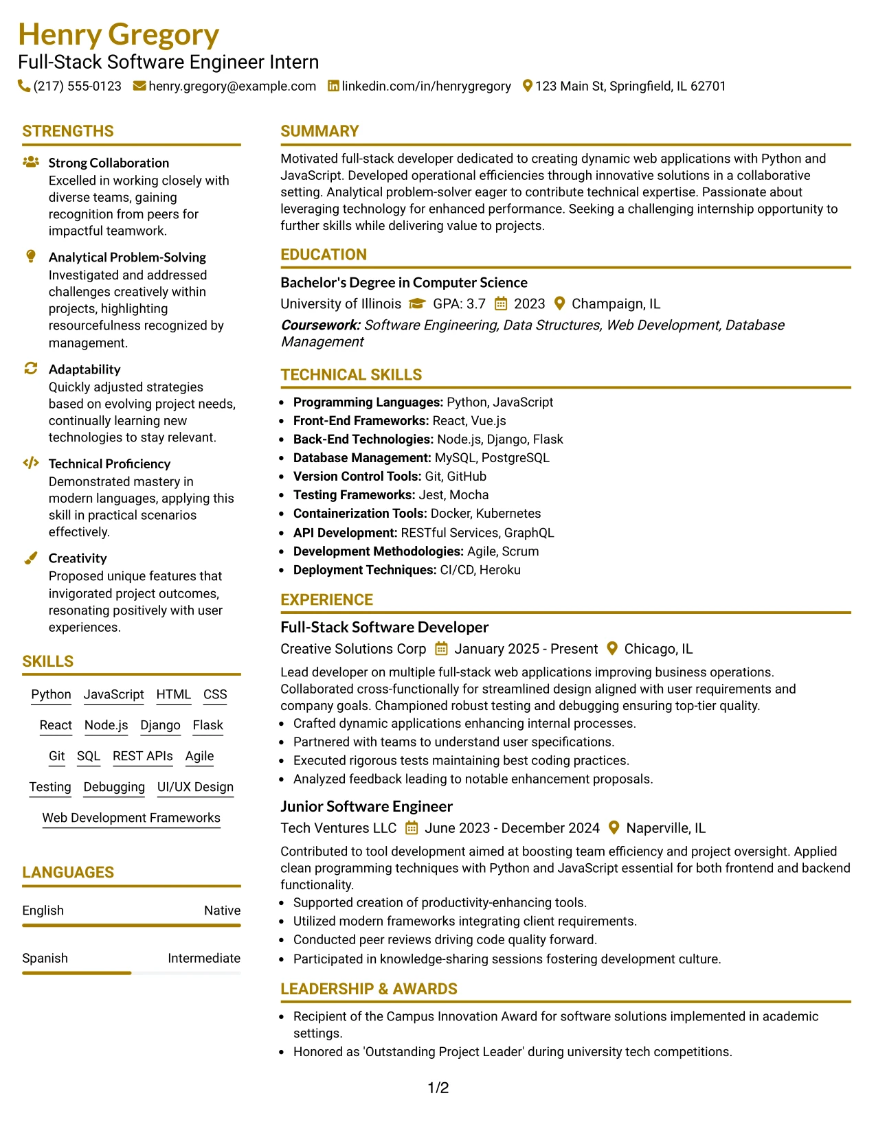 Resume Example Page 1