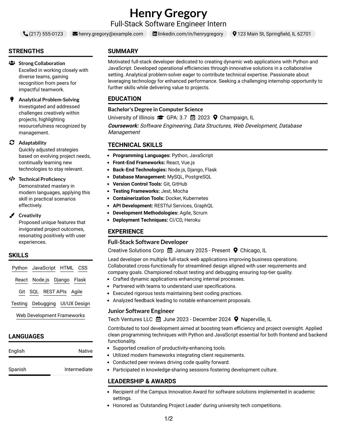 Resume Example Page 1