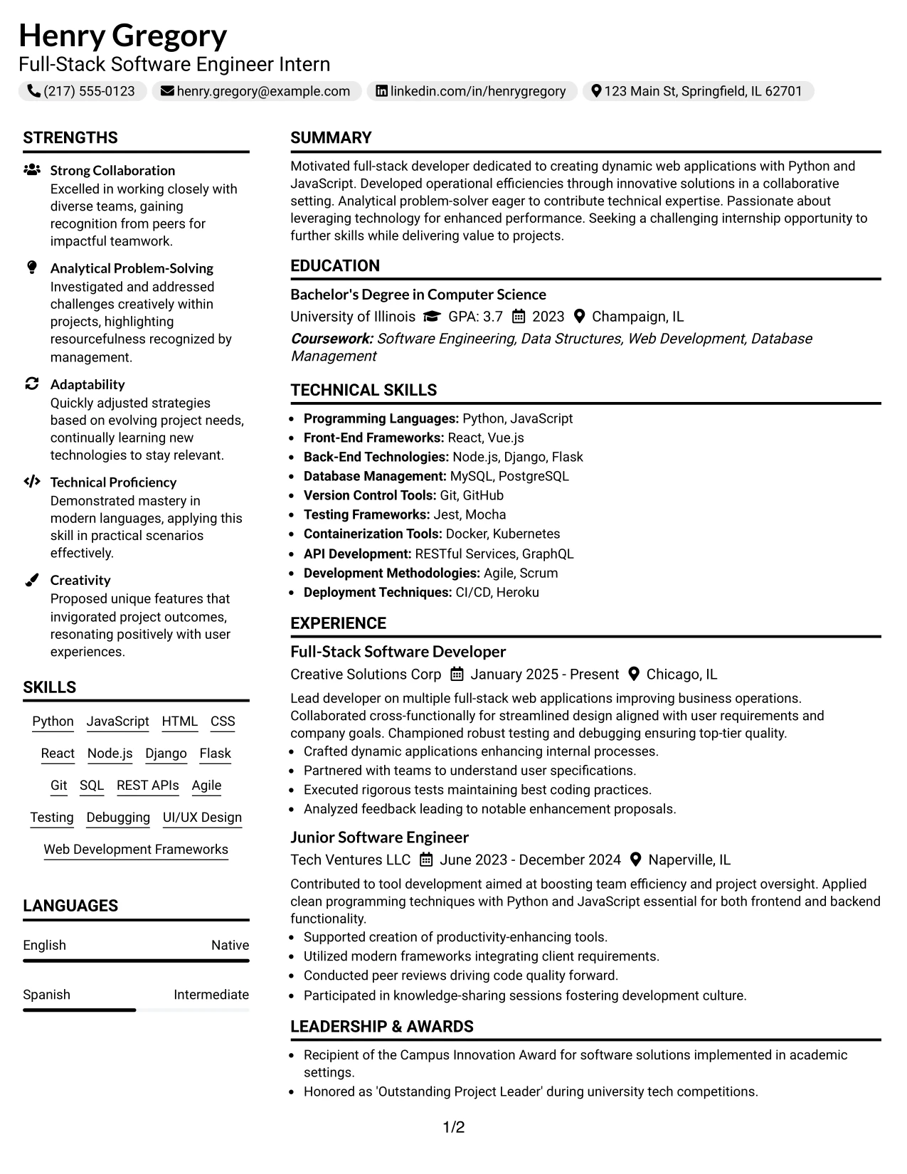 Resume Example Page 1