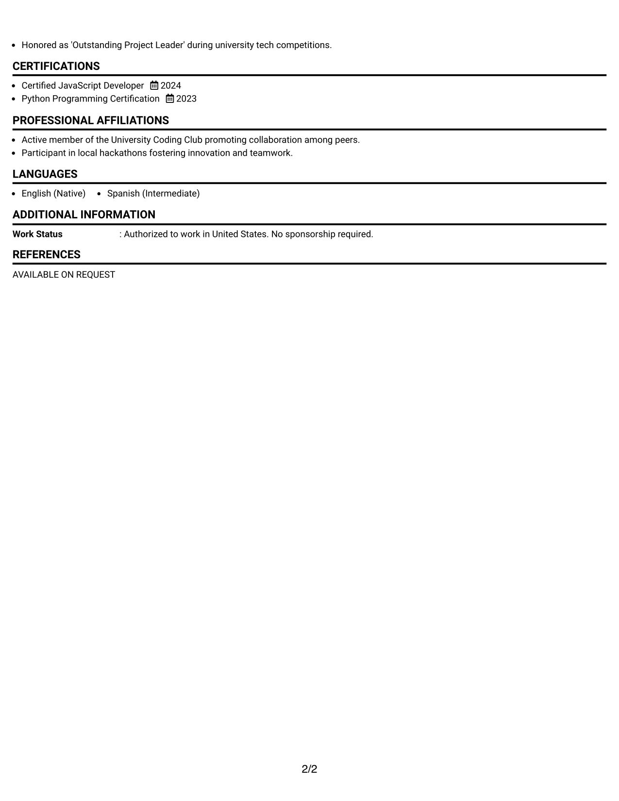 Resume Example Page 2
