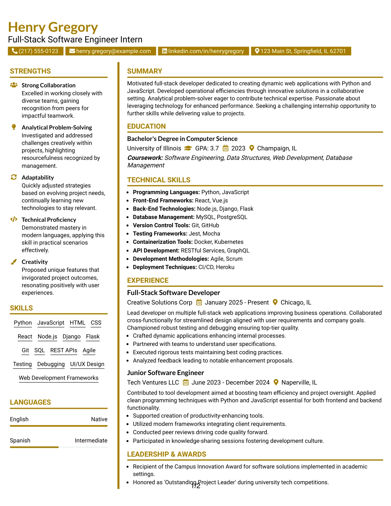 Resume Example Page 1