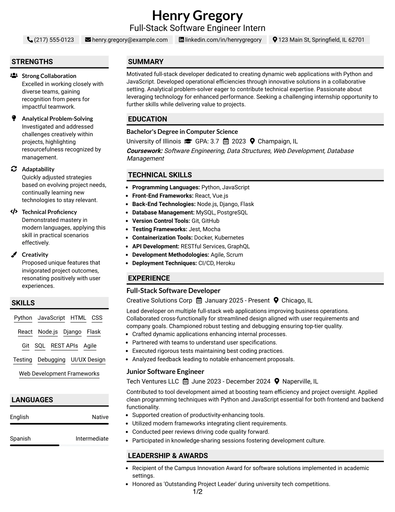 Resume Example Page 1