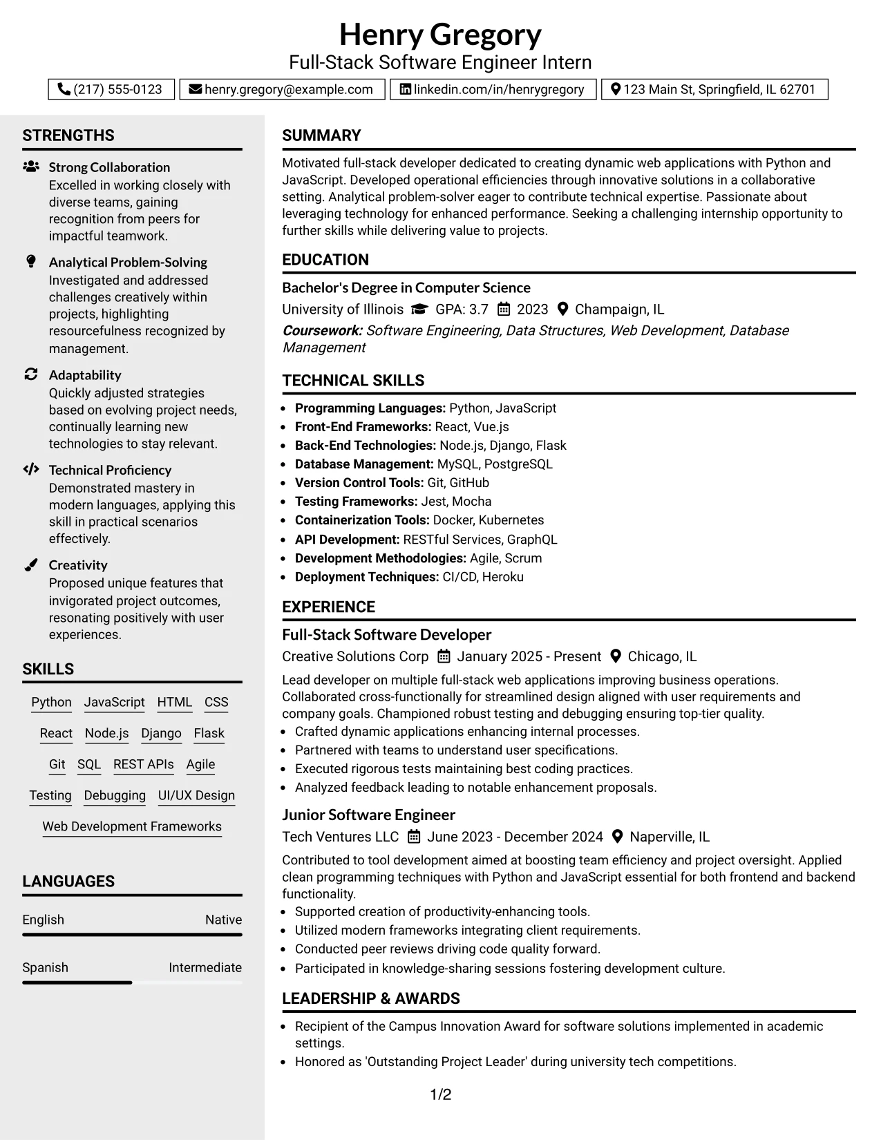 Resume Example Page 1