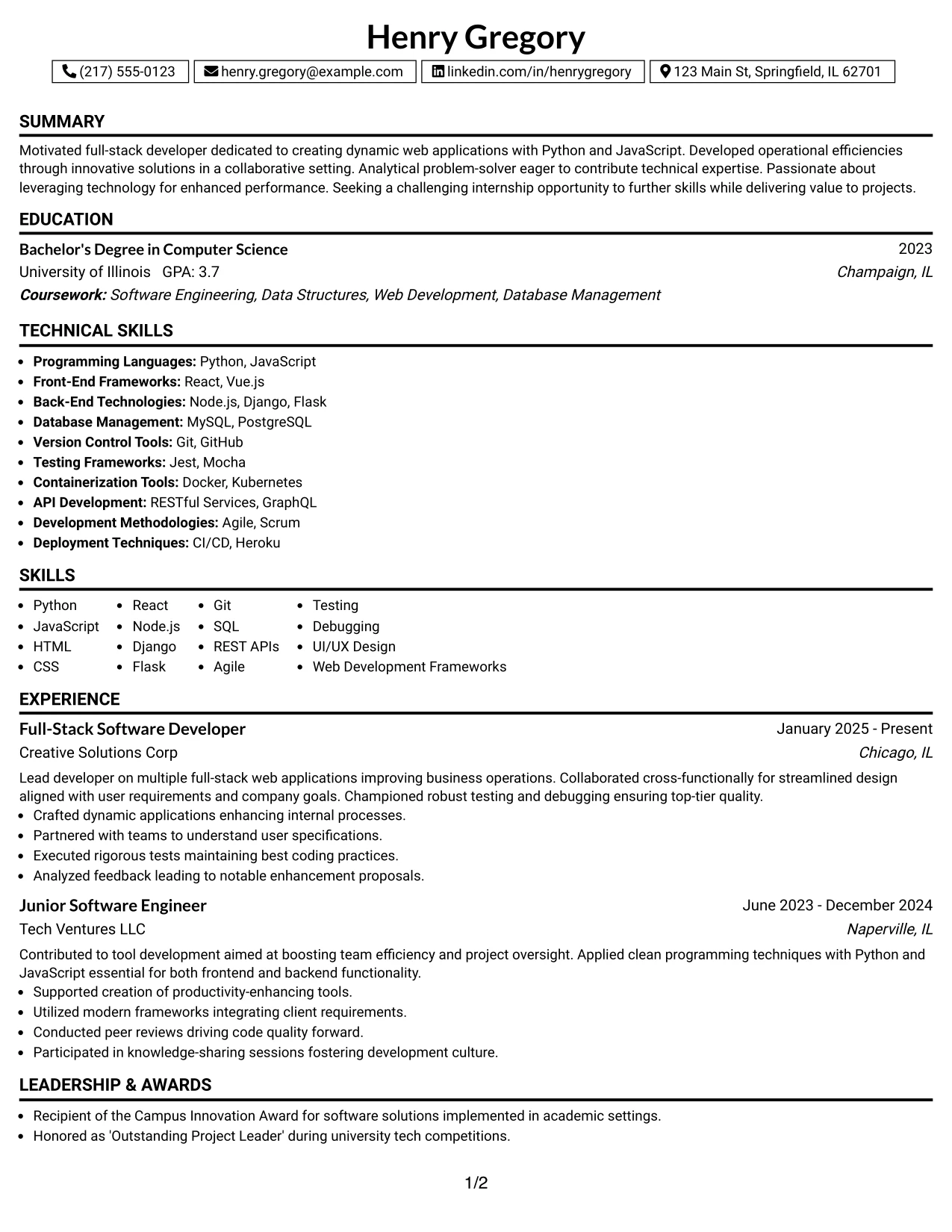 Resume Example Page 1