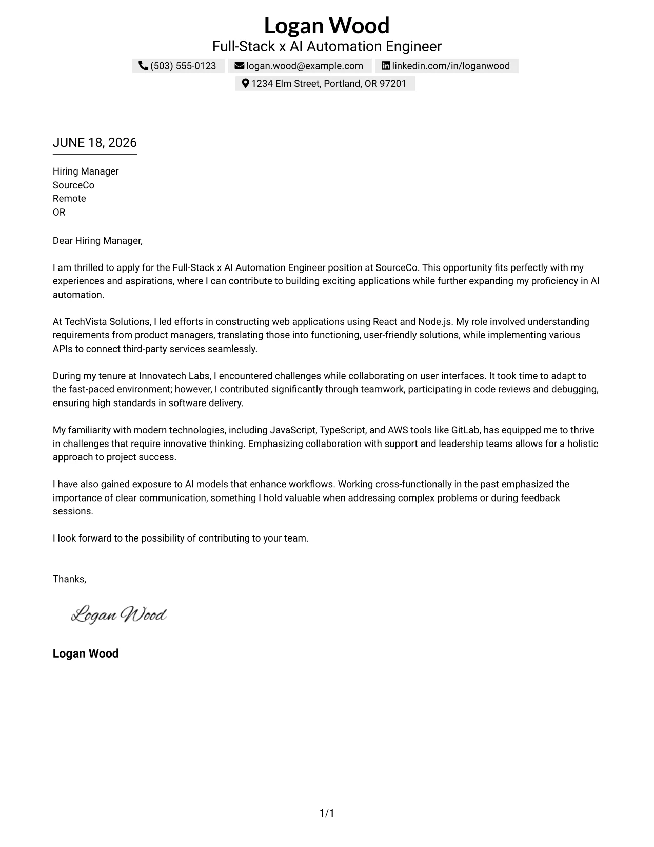 Resume Example Page 1