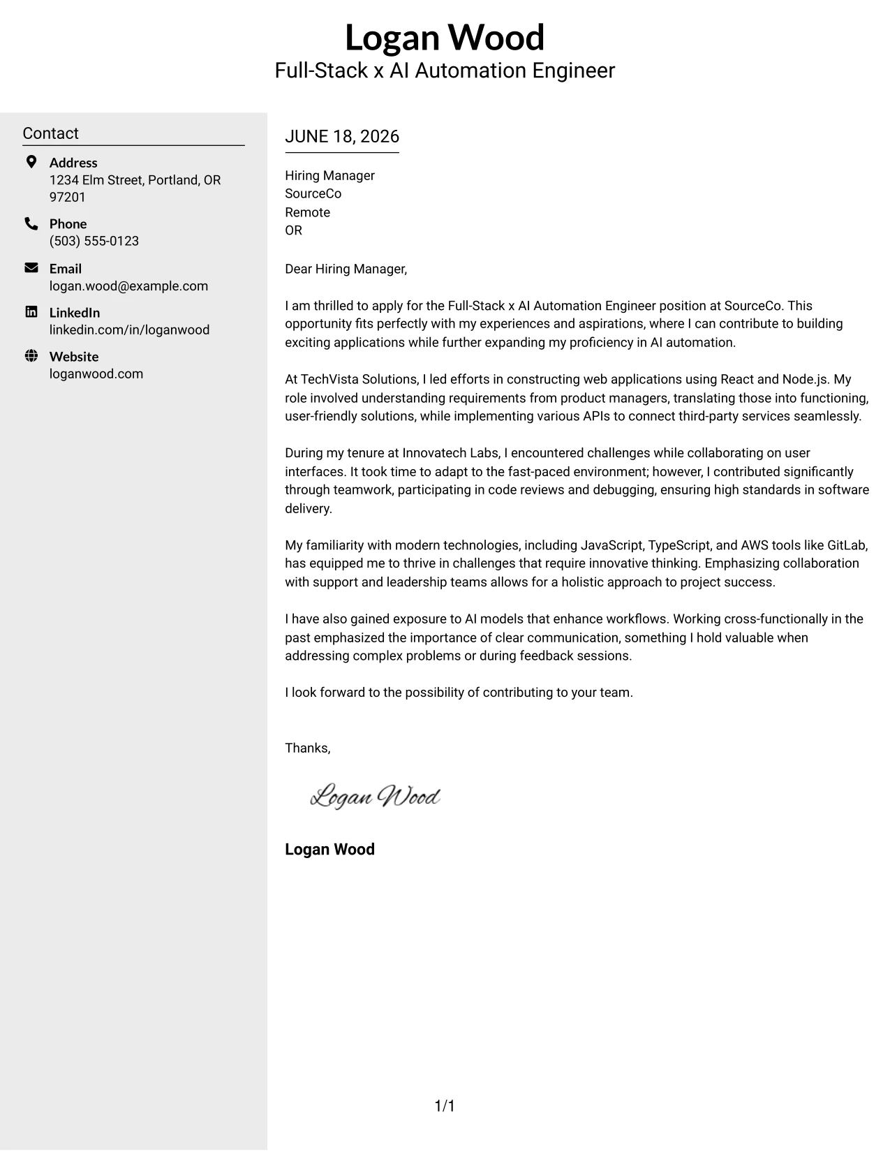Resume Example Page 1