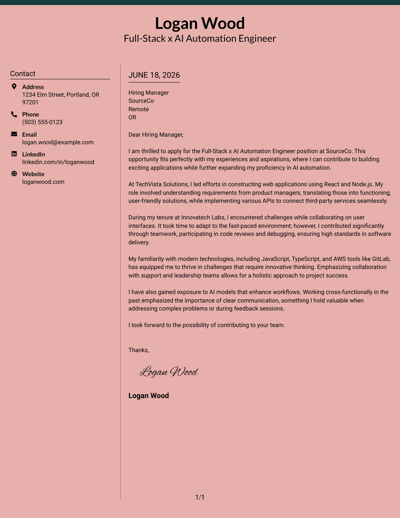 Resume Example Page 1