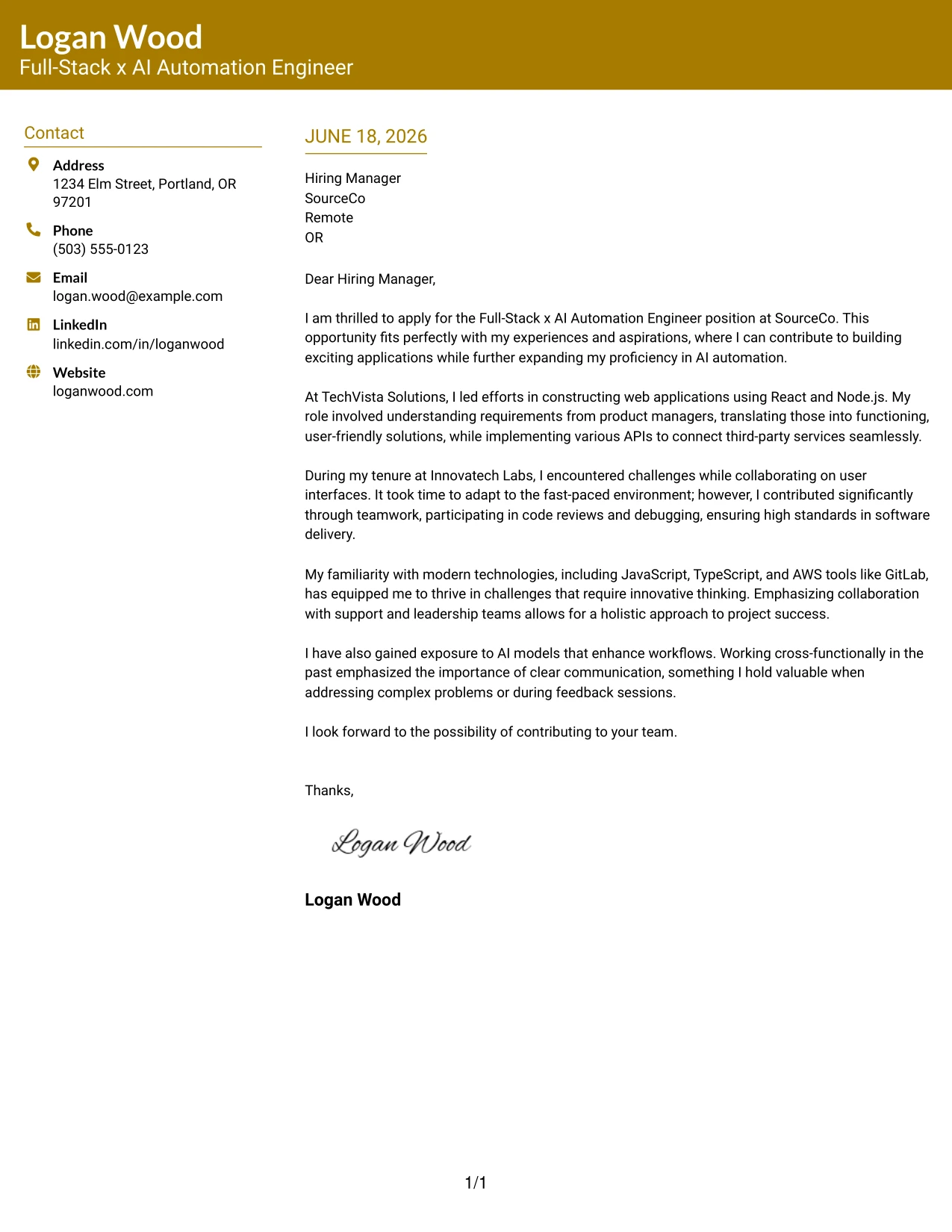 Resume Example Page 1