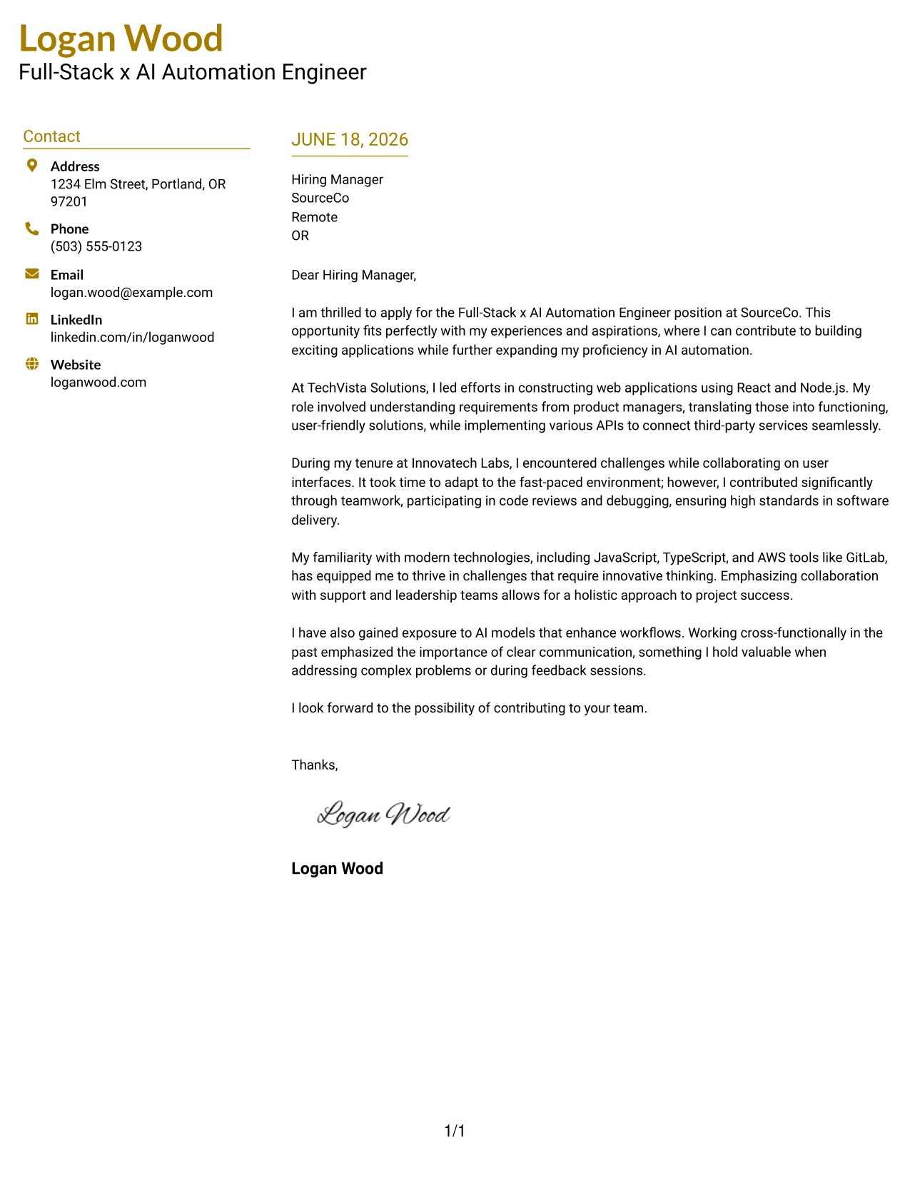 Resume Example Page 1