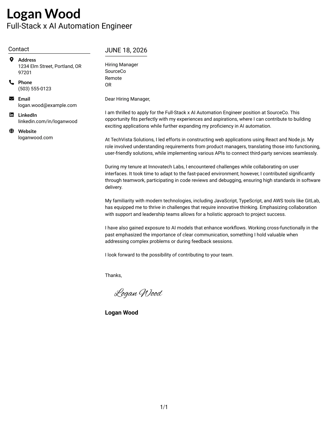 Resume Example Page 1