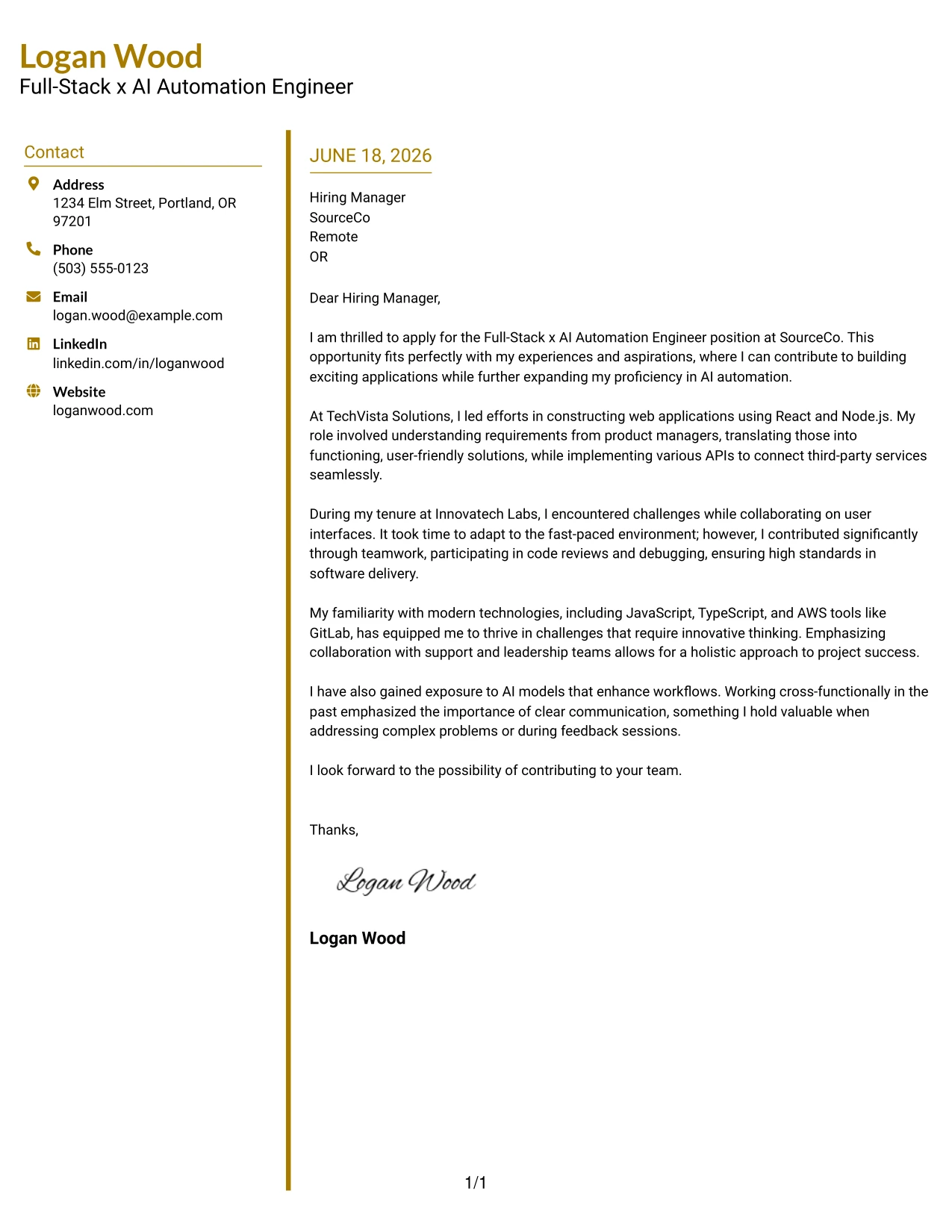 Resume Example Page 1