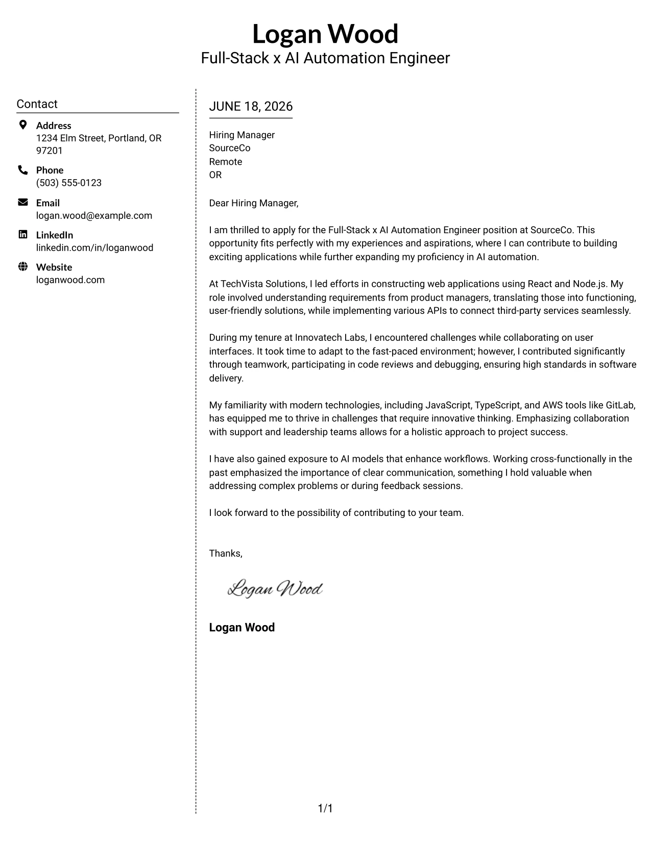 Resume Example Page 1