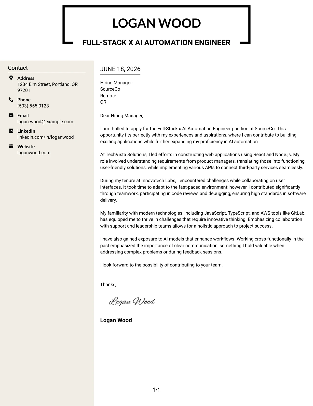 Resume Example Page 1