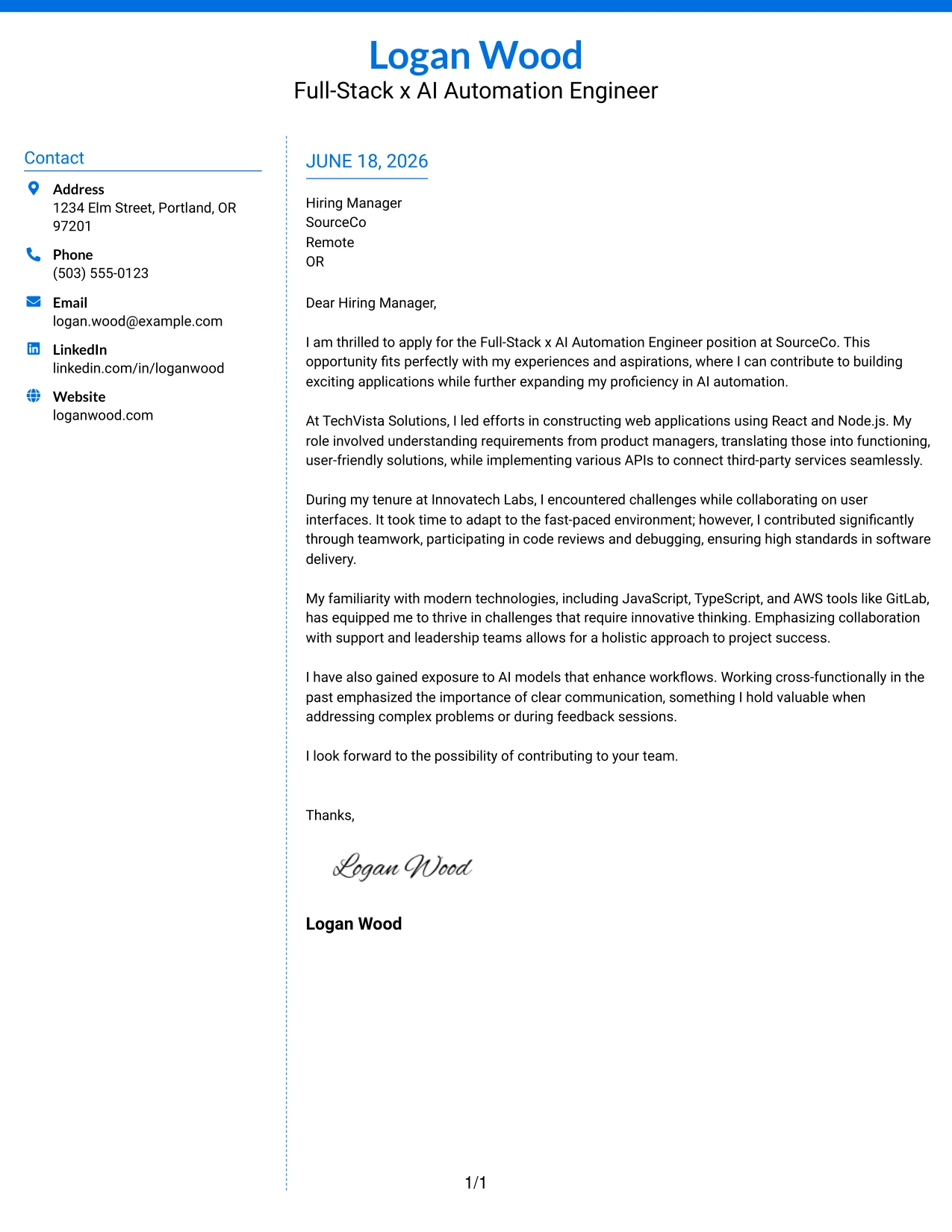 Resume Example Page 1