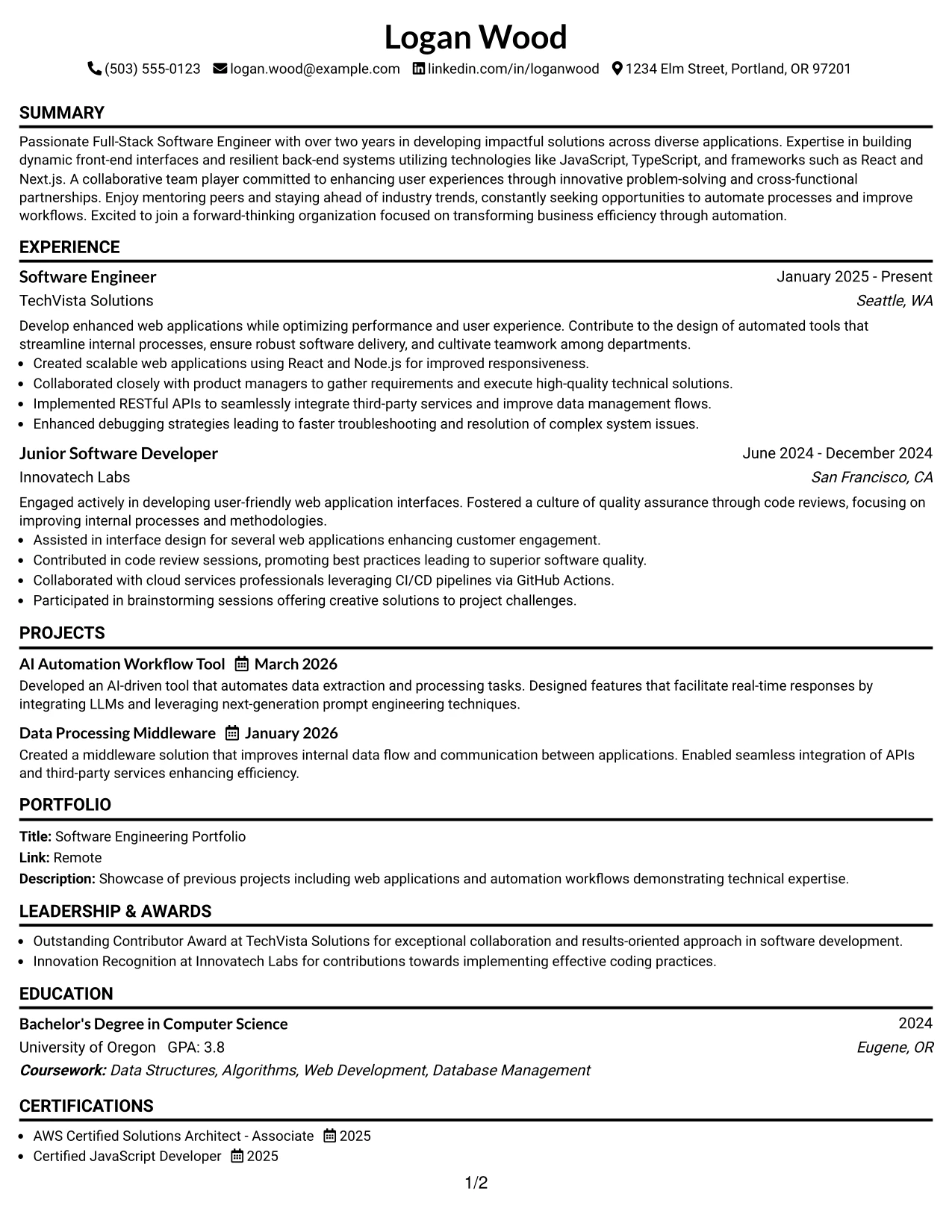 Resume Example Page 1