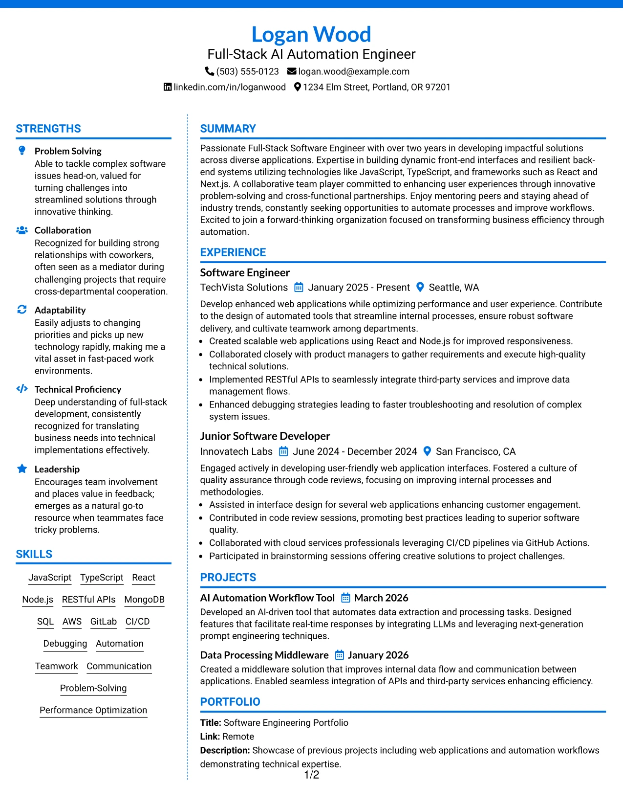 Resume Example Page 1