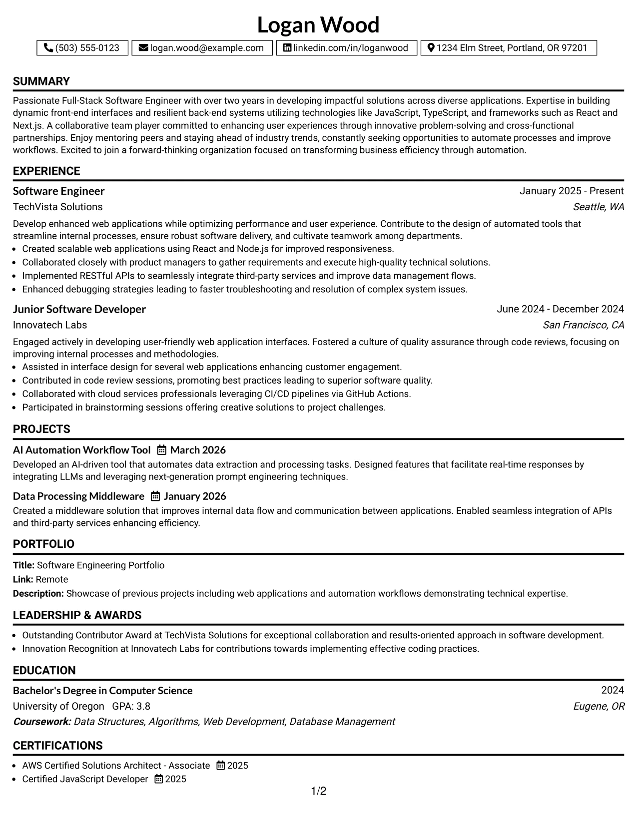 Resume Example Page 1