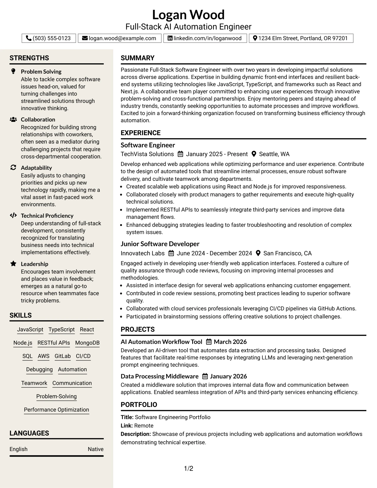 Resume Example Page 1