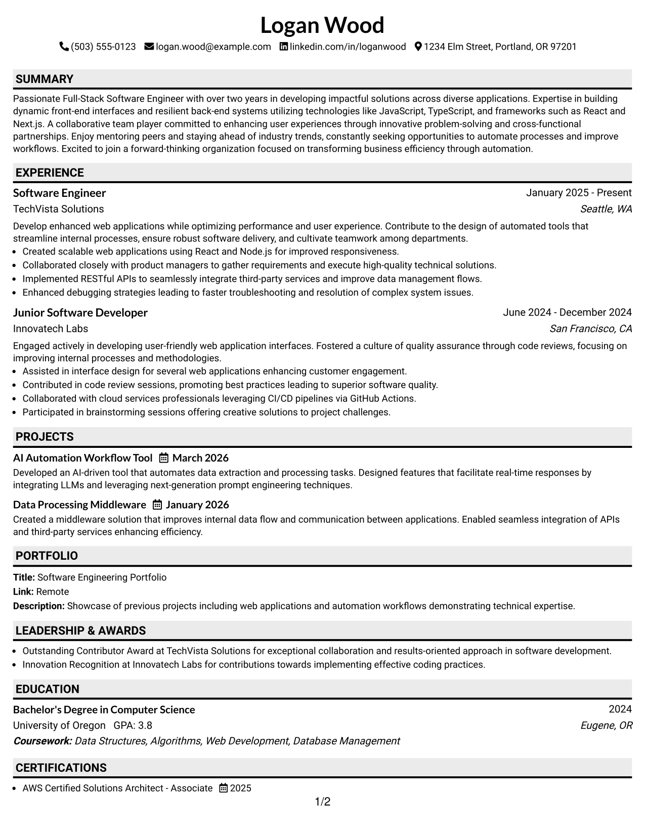 Resume Example Page 1